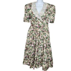 Vintage Floral Cottage Core Prairie Dress 11 12 Yellow Puff Sleeve Pink Blue